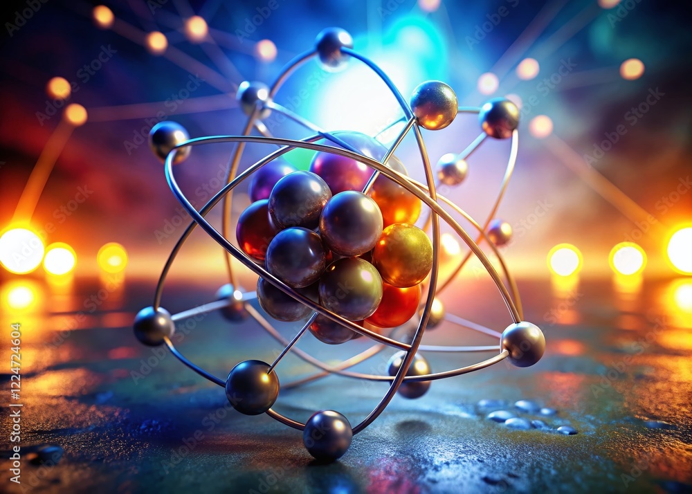 Poster low light microscopic visualization of potassium atomic structure: electrons orbiting nucleus