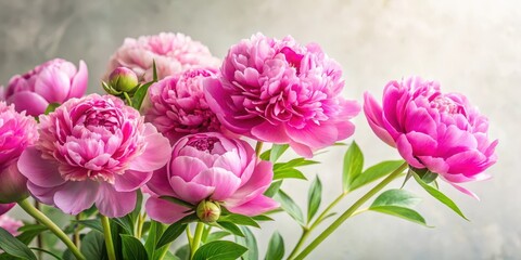 Fototapeta premium Vibrant pink peonies in full bloom against a soft white background, with delicate green leaves and subtle texture