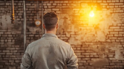 Plumber adjusting pipes in basement home repair indoor back view