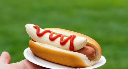 Unusual hot dog with banana and ketchup, a quirky food combination