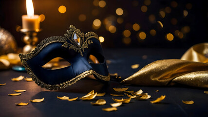 A luxurious sensual black and gold masquerade mask on a table with warm glow of candlelight, creating a romantic and mysterious atmosphere