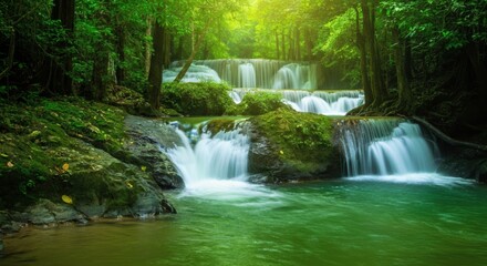 Serene waterfall cascading through lush green forest landscape