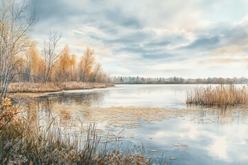 Fototapeta premium Serene Autumn Lake Landscape with Reflections of Trees and Clouds, Embracing a Calming Atmosphere