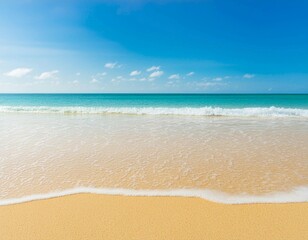 Fototapeta premium Sunny Beach With Golden Sand and Calm Waves Under Bright Blue Sky Midday