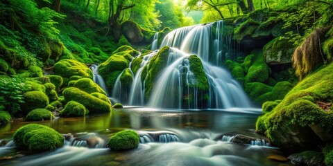 Lush green macro forest: tiny waterfalls cascade over moss, emerald water droplets detail a vibrant, natural beauty.