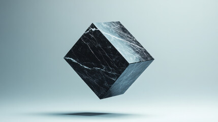 Fototapeta premium a black marble diamond-shaped prism with fine white streaks, suspended mid-air over a plain pastel gray background, illuminated with a balanced overhead light source