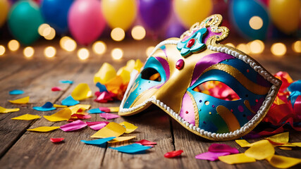 Vibrant Mardi Gras mask against multicolor bokeh and balloons background. Mardi Gras carnival card