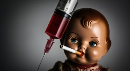 Vintage doll with a syringe and cigarette, symbolizing addiction and childhood innocence