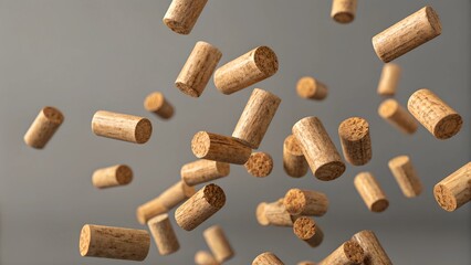 Multiple wooden pellets hover in mid-air against a neutral background. A natural, eco-friendly fuel source presented in a dynamic and artistic perspective.