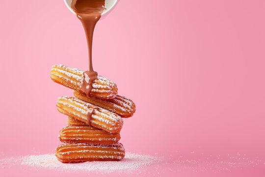 Fresh churros drizzled with chocolate on a pastel pink background, highlighting sweetness and indulgence.food blog, dessert ad, branding, social media, cafe menu, magazine, decor print, recipe card, 