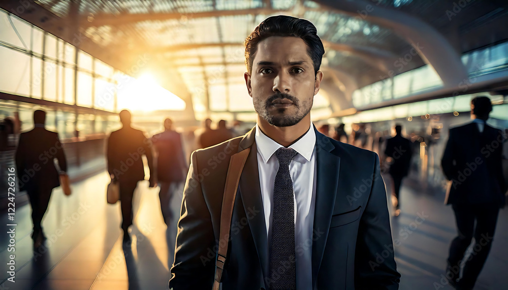 Wall mural Confident businessman in suit walking through modern glass building.  Golden hour light creates a dramatic, professional atmosphere. Perfect for business, finance, or travel concepts.