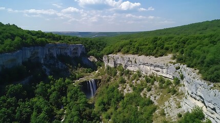 Obraz premium Aerial view of a natural pine forest and a waterfall erfelek