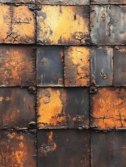 A texture of rusted metal sheets with water streaks and scratches.