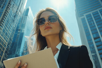 Woman in sunglasses holding a folder, standing in front of modern office building.
