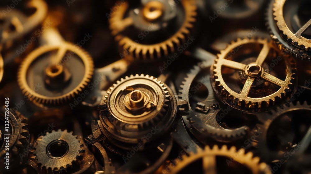 Poster close-up of metal gears, intricately connected to represent teamwork and machinery. the image should