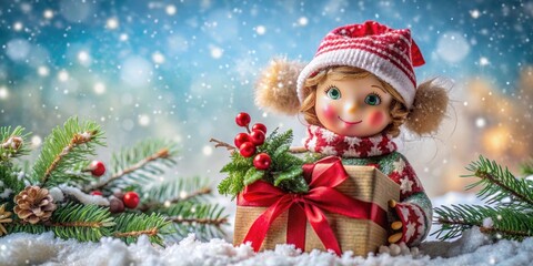 A cheerful Christmas doll dressed in festive attire, holding a beautifully wrapped gift with ribbons and a bow, surrounded by snowflakes and evergreen branches , snowy scene, decorated table