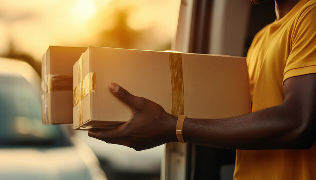 courier holds two parcels in golden light of sunset, showcasing dedication and hard work. scene captures essence of delivery services