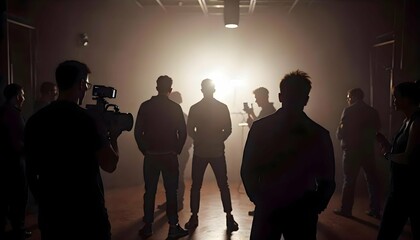 Commercial video film movie making lighting set professional studio production big working people silhouette scenes behind television camera motion picture equipment crew photo light wide view 