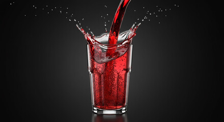透明なガラスカップに注がれる赤いフルーツソーダの3Dイラスト