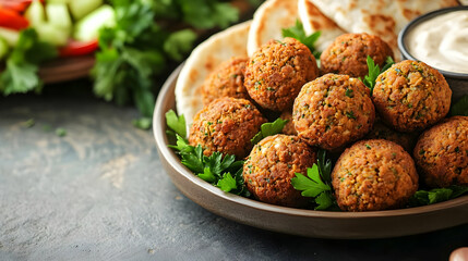 A plate of golden-brown falafel balls garnished with fresh herbs and served with pita.