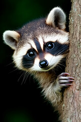 Fototapeta premium A curious raccoon peeks from behind a tree, showcasing its distinctive facial markings and playful demeanor.