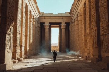Obraz premium Ancient temple entrance with a lone traveler approaching