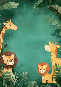 A playful illustration of cartoon lions and giraffes surrounded by tropical foliage.