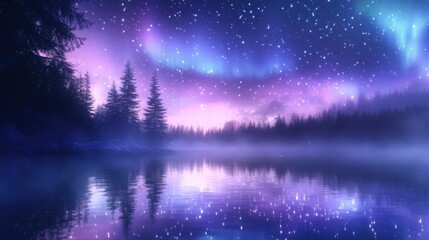 Magical winter solstice landscape featuring sparkling purple and frosty blue auroras dancing over the lake. Vibrant holiday greeting card background for christmas and new year celebrations
