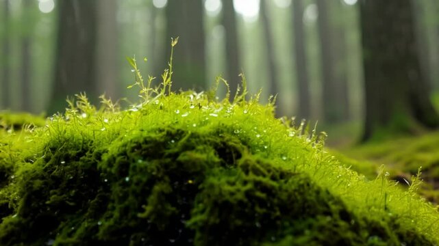 Lush Vibrant Green Moss Spreading Across a Damp Forest Floor in a Cinematic Close Up Showing Rich Texture and Natural Growth in a Serene Woodland Environment