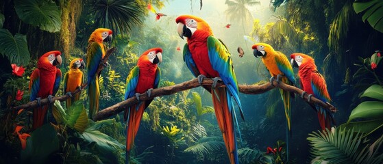 A vibrant gathering of colorful macaws perched on branches in a lush tropical rainforest, surrounded by exotic foliage and butterflies, creating a lively and serene atmosphere