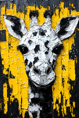 A colorful, artistic portrayal of a giraffe's head against a vibrant yellow and black background, showcasing a textured design.