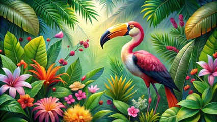 Fototapeta premium Vibrant flamingo stands amidst lush greenery surrounded by exotic flowers and foliage, with a brightly colored toucan perched on a nearby branch , tropical floral, flamingo