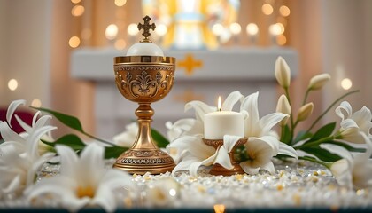 An altar in a church adorned with white lilies, golden chalices, and lit candles, creating a serene and sacred atmosphere.