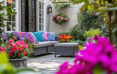 Fototapeta premium A vibrant garden patio adorned with colorful flowers, featuring a cozy seating area with cushions, surrounded by lush greenery, perfect for relaxation and outdoor gatherings