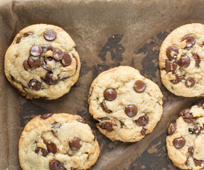 Overhead view of chocolate chip cookies, top view of homemade chocolate chip cookies on a brown background