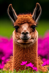 Fototapeta premium A charming llama poses amidst vibrant pink flowers, showcasing its unique features and playful expression in a colorful outdoor setting.