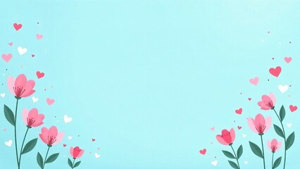 Blue background featuring lovely flowers and cute hearts. Generative AI