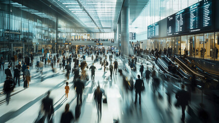 Crowded airport terminal with blurred motion of travelers walking, carrying luggage, and using escalators under bright natural light - travel concept