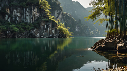 Beautiful view of rock cliffs and bamboo trees on the edge of a calm lake on a sunny day