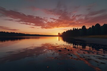 Obraz premium Lake and road at sunset Generative AI