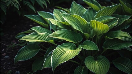 Obraz premium Lush Green Hosta Leaves in Low Light - Close-Up Stock Photo