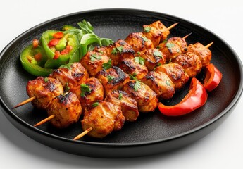 Grilled Chicken Skewers with Vegetables on a Black Plate