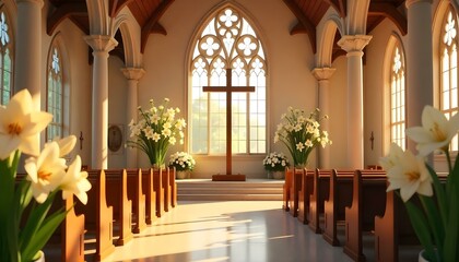Fototapeta premium A cross in the center of a church, set against the backdrop of a large window, creating a serene and spiritual atmosphere.