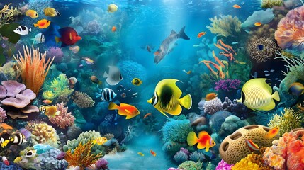Naklejka premium Vibrant Underwater Coral Reef Marine Life with Tropical Fish, Ocean Nature Photography Aquatic Wildlife Ecosystem Natural Habitat Colorful Seascape