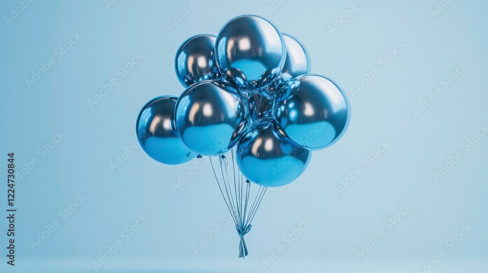 Poster cluster of shiny blue balloons tied with metallic strings creating a festive playful atmosphere in a