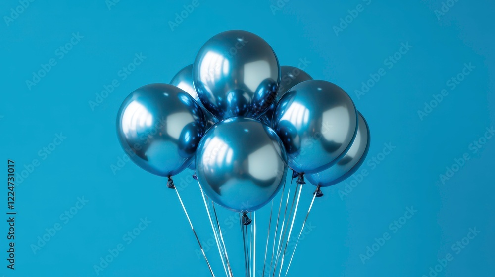 Poster cluster of shiny blue balloons tied with metallic strings creating a festive playful atmosphere in a