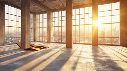 Obraz premium Empty sunlit room with lounge chairs and city view