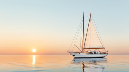 Naklejka premium Luxury Yacht sailing concept. Elegant yacht cruising at sunrise, drawn in pencil color with detailed textures and vibrant reflections of the sun on the water
