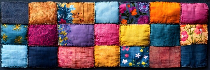 A texture of stitched quilt squares in vibrant patterns.