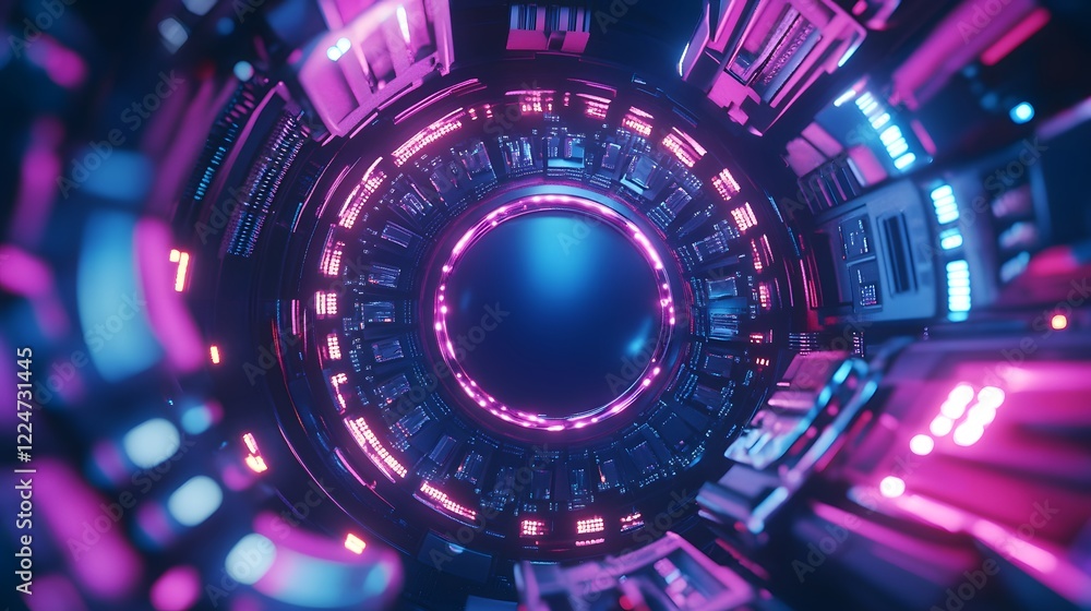 Poster a computer chip that is illuminated in a neon color scheme. the chip is surrounded by a variety of l